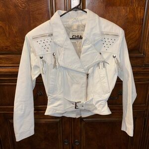 Vintage 1980’s Chia White Leather Studded & Fringe Bomber Jacket Size Small